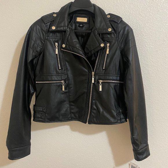WOMEN'S BLACK FAUX LEATHER MOTO JACKET - Picture 1 of 3